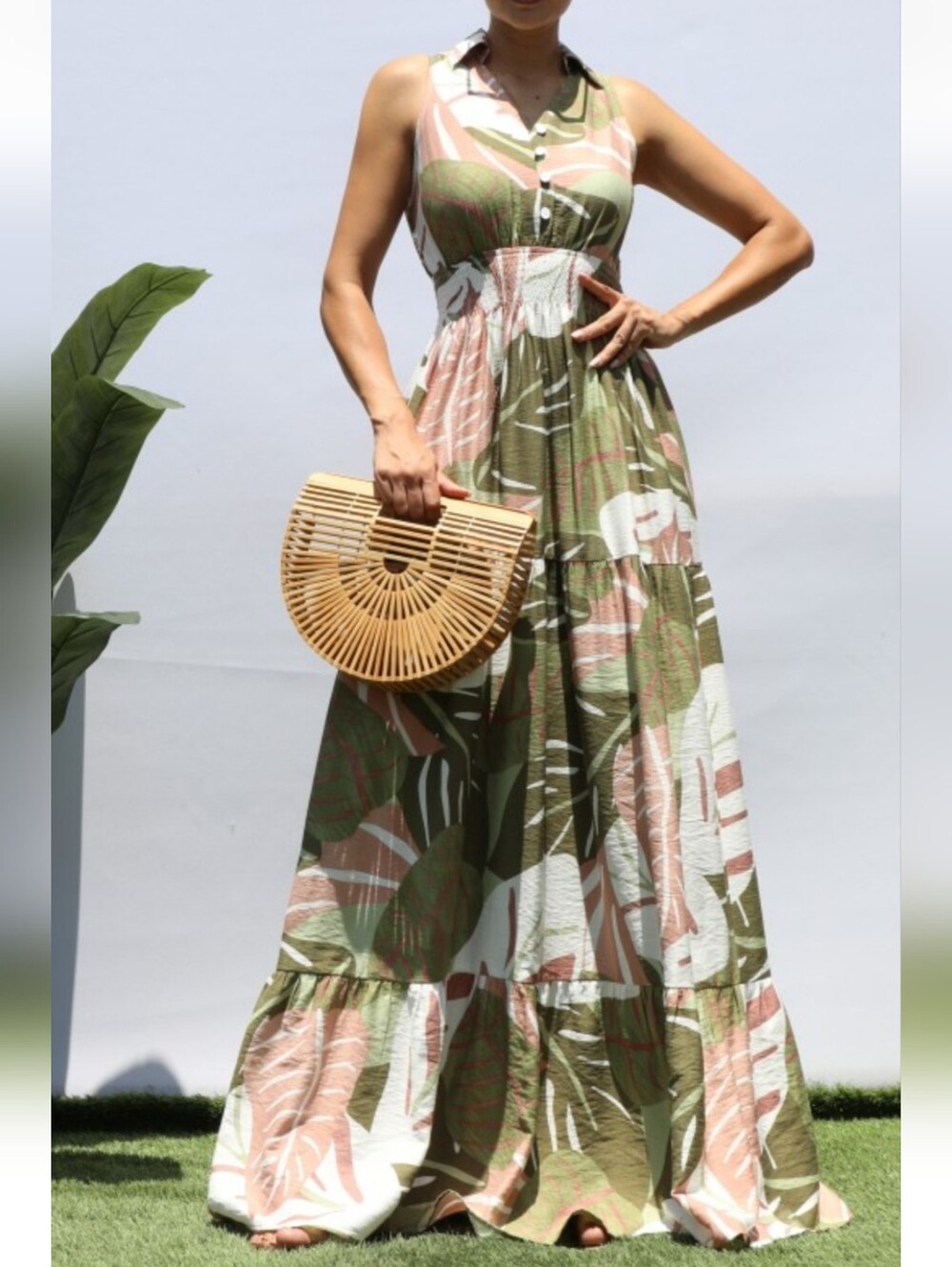 Sleeveless Collared Floral Rayon Maxi Dress in Olive & Blush Vintage Style NWT